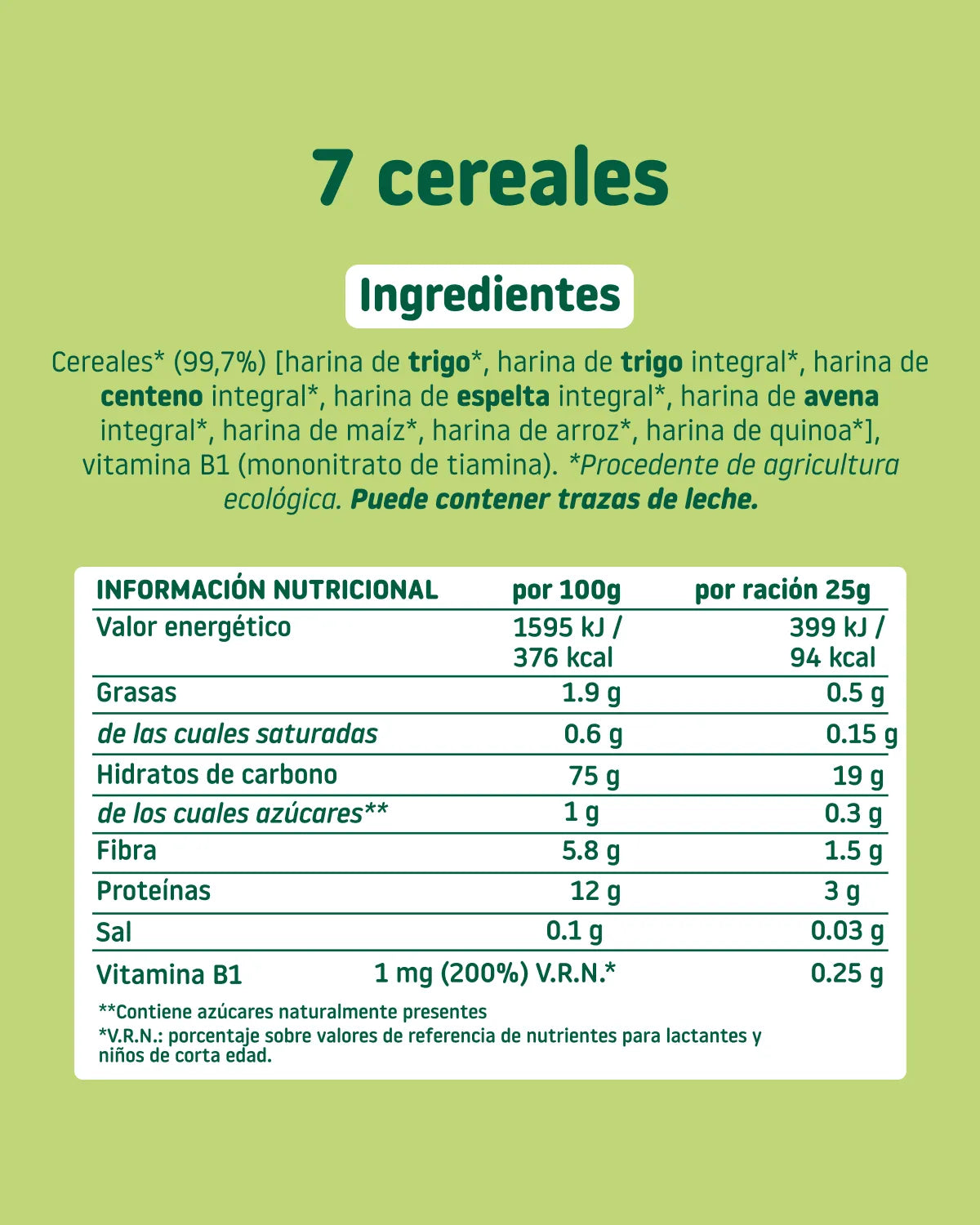 Ingredientes y valores nutricionales de la papilla 7 cereales SMILEAT con 99% de cereales