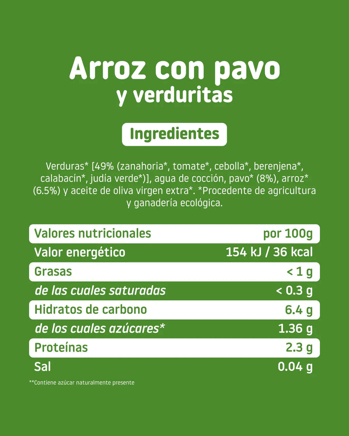 Valores nutricionales e ingredientes del tarrito de arroz con pavo y verduritas