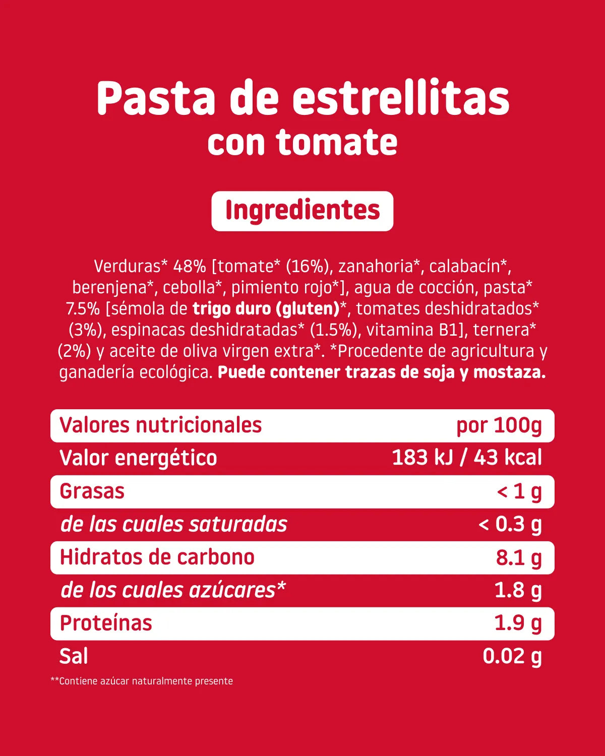 Ingredientes y valores nutricionales del tarrito de pasta de estrellitas con tomate