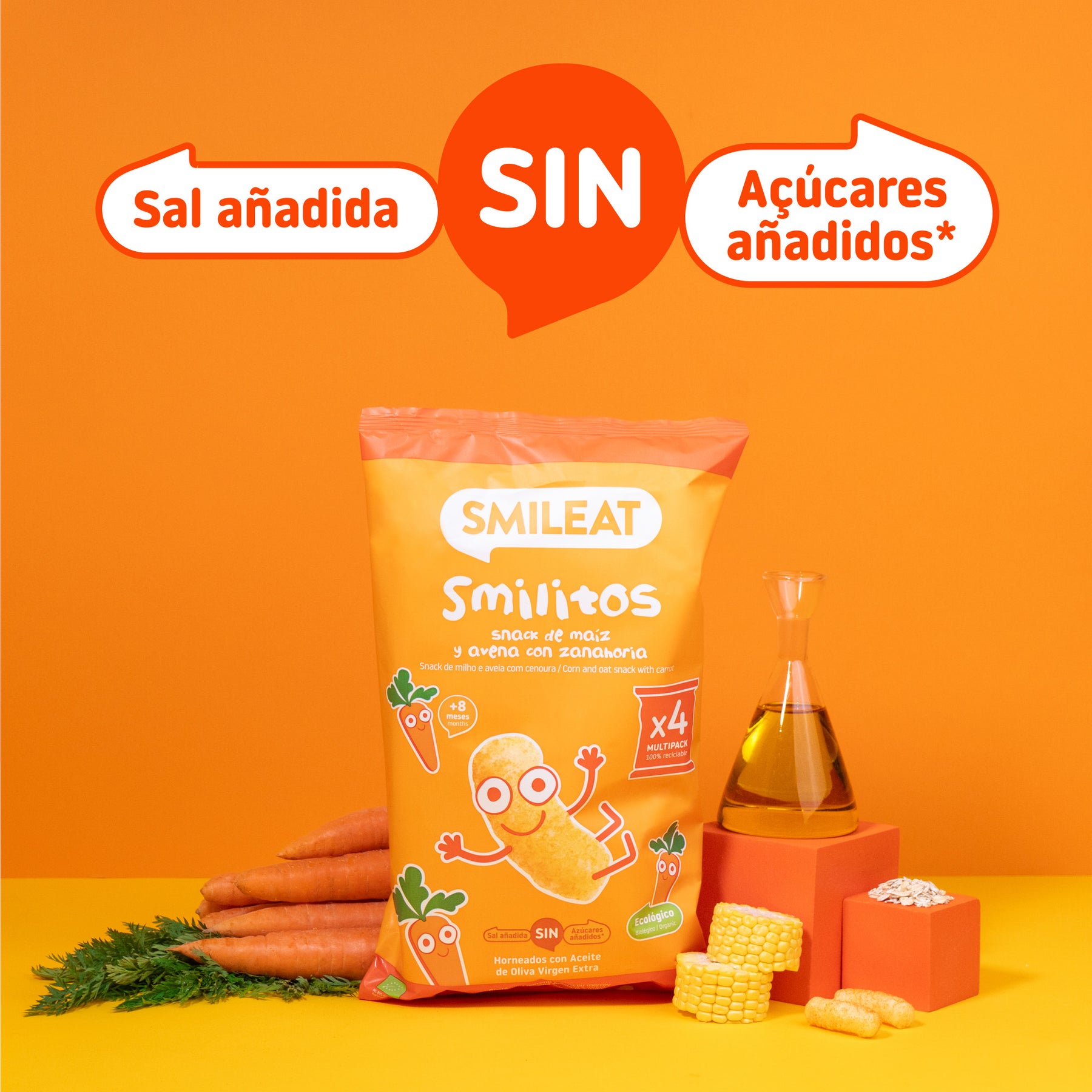 Allergens in the Smilitos pack of corn, oatmeal, and carrot, ideal for taking everywhere as a snack.
