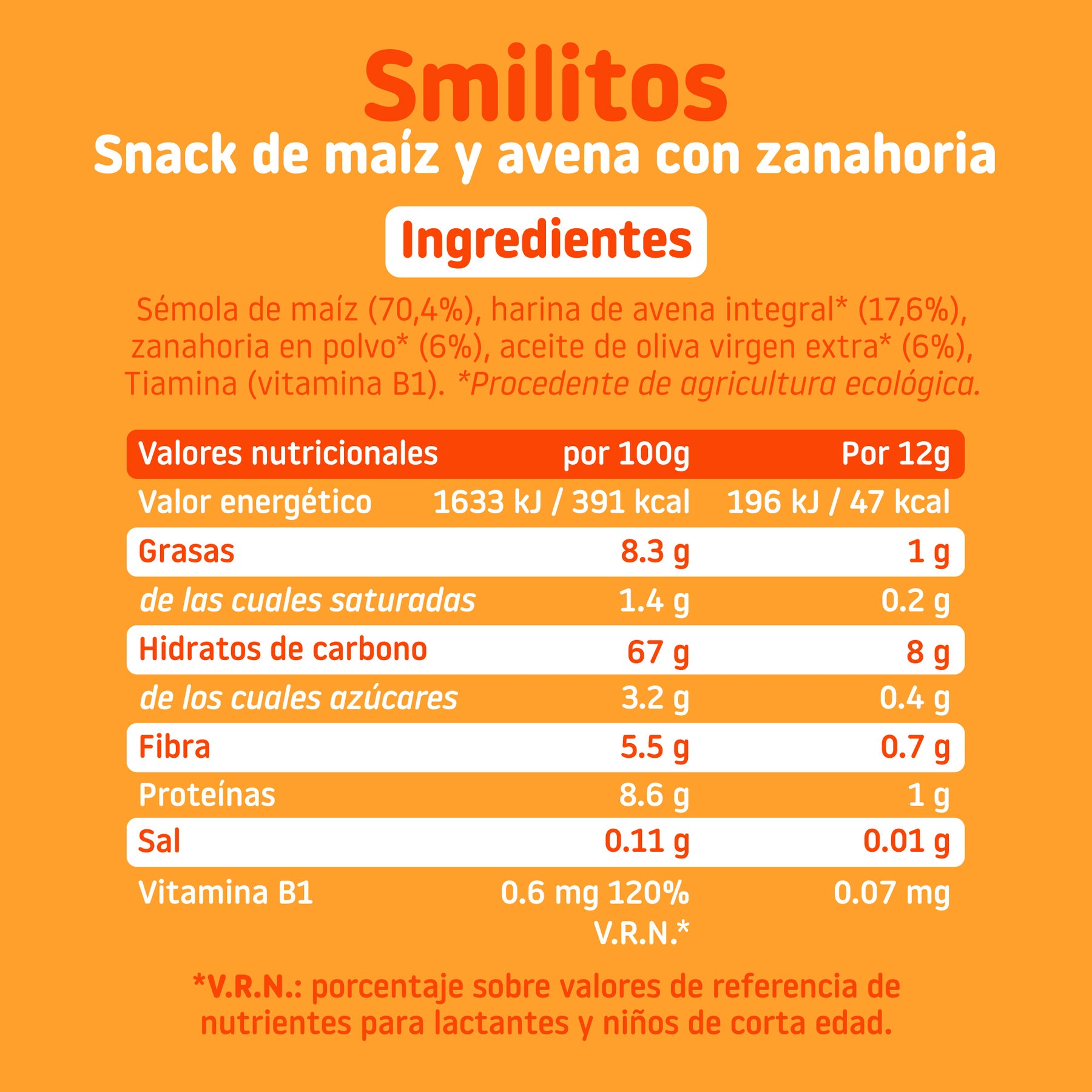Smilitos corn and oatmeal pack with carrot, perfect as a snack for your little one over 8 months old.
