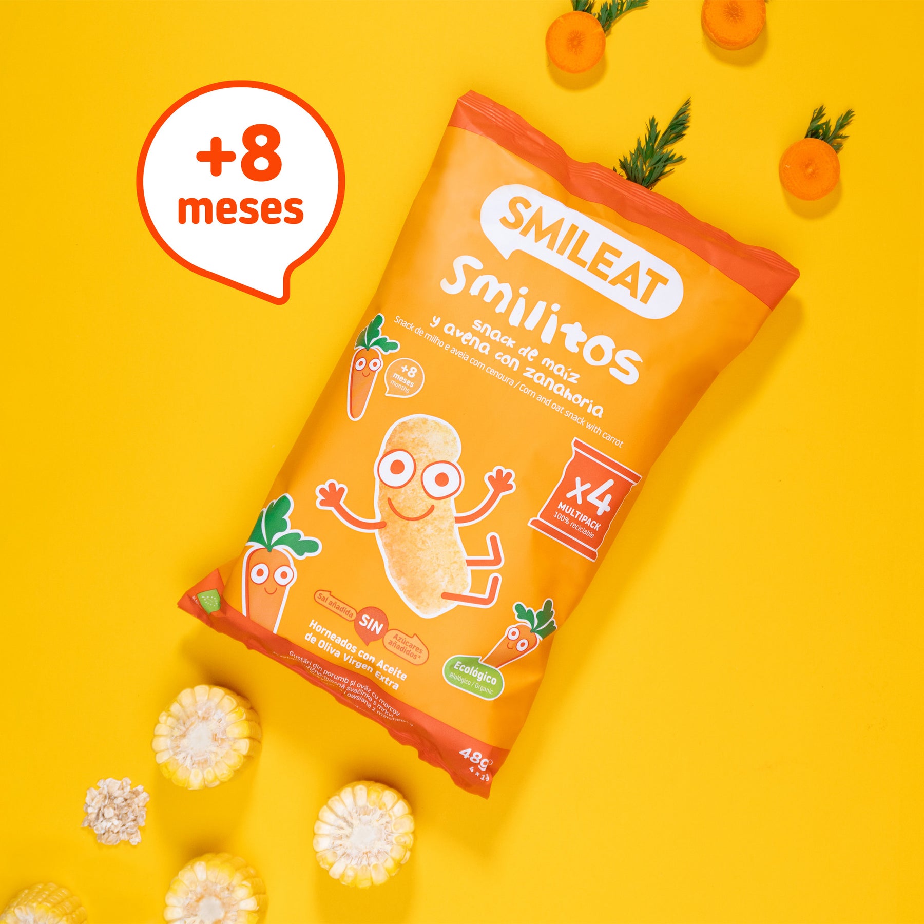 Smilitos multipack bag of corn, oatmeal, and carrot for children from 8 months old.