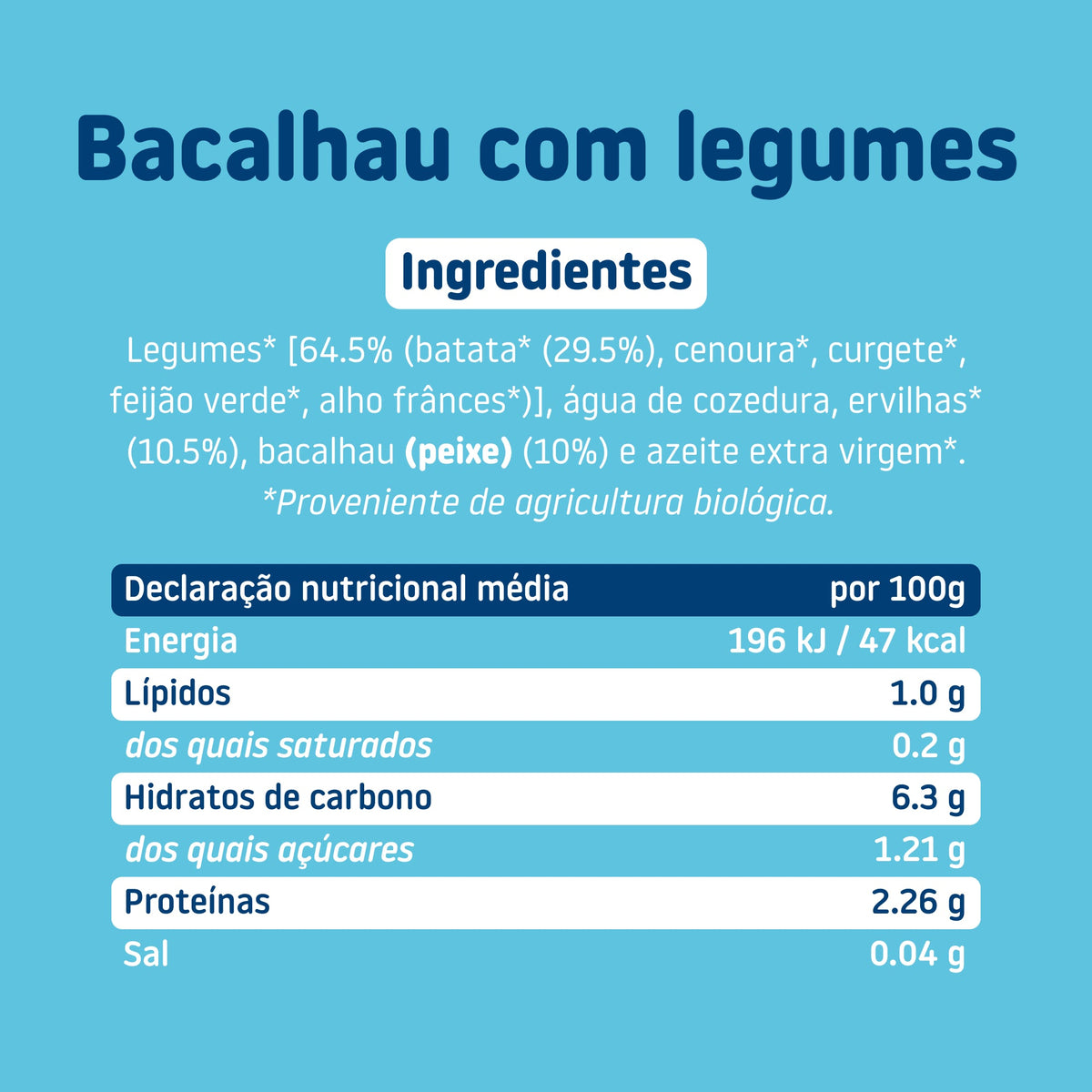 Ingredientes e tabela nutricional do boião de Bacalhau com legume – comida biológica para bebé com ingredientes reais e honestos, sem aditivos nem açúcares adicionado