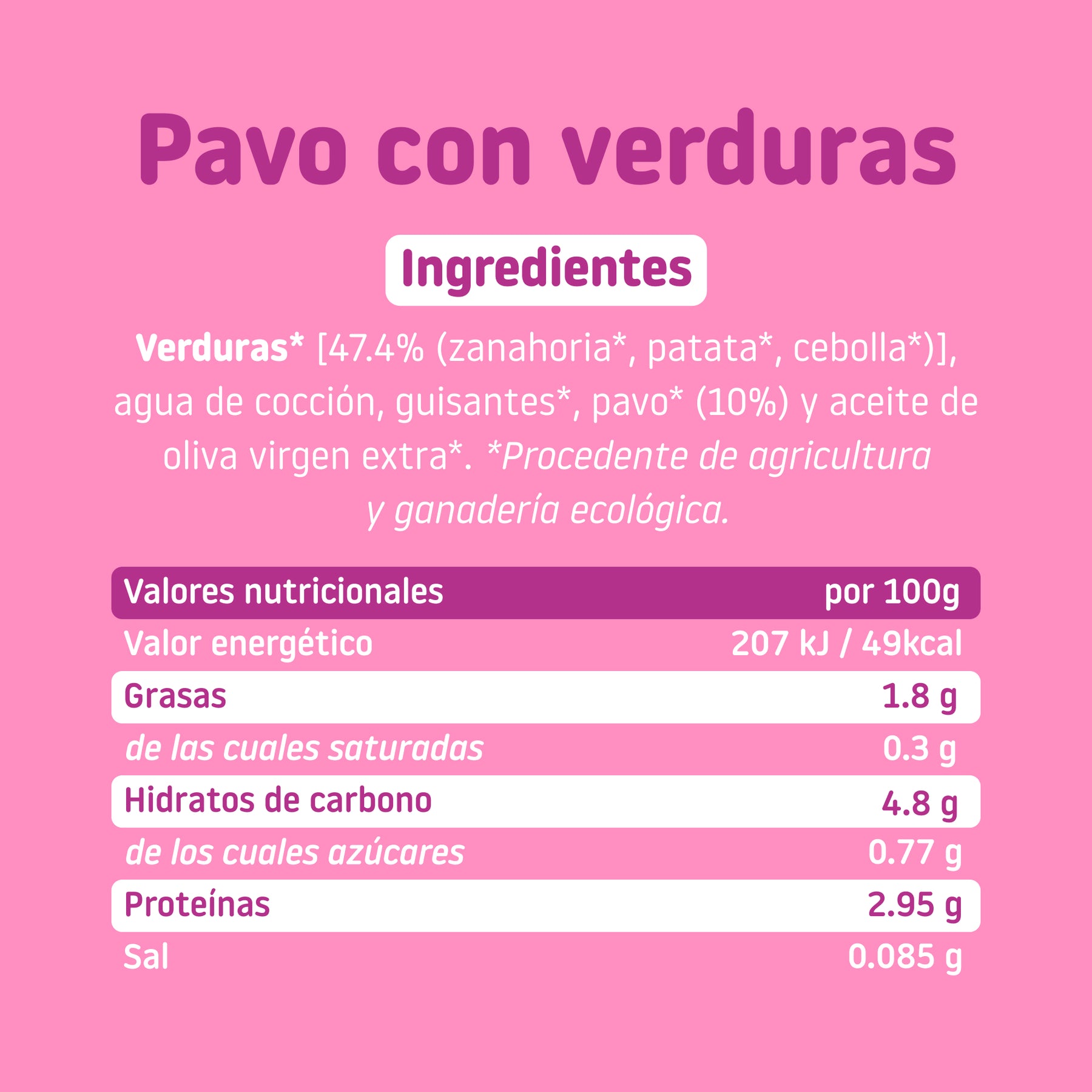 Ingredientes y tabla nutricional tarrito ecológico de pavo con verduras