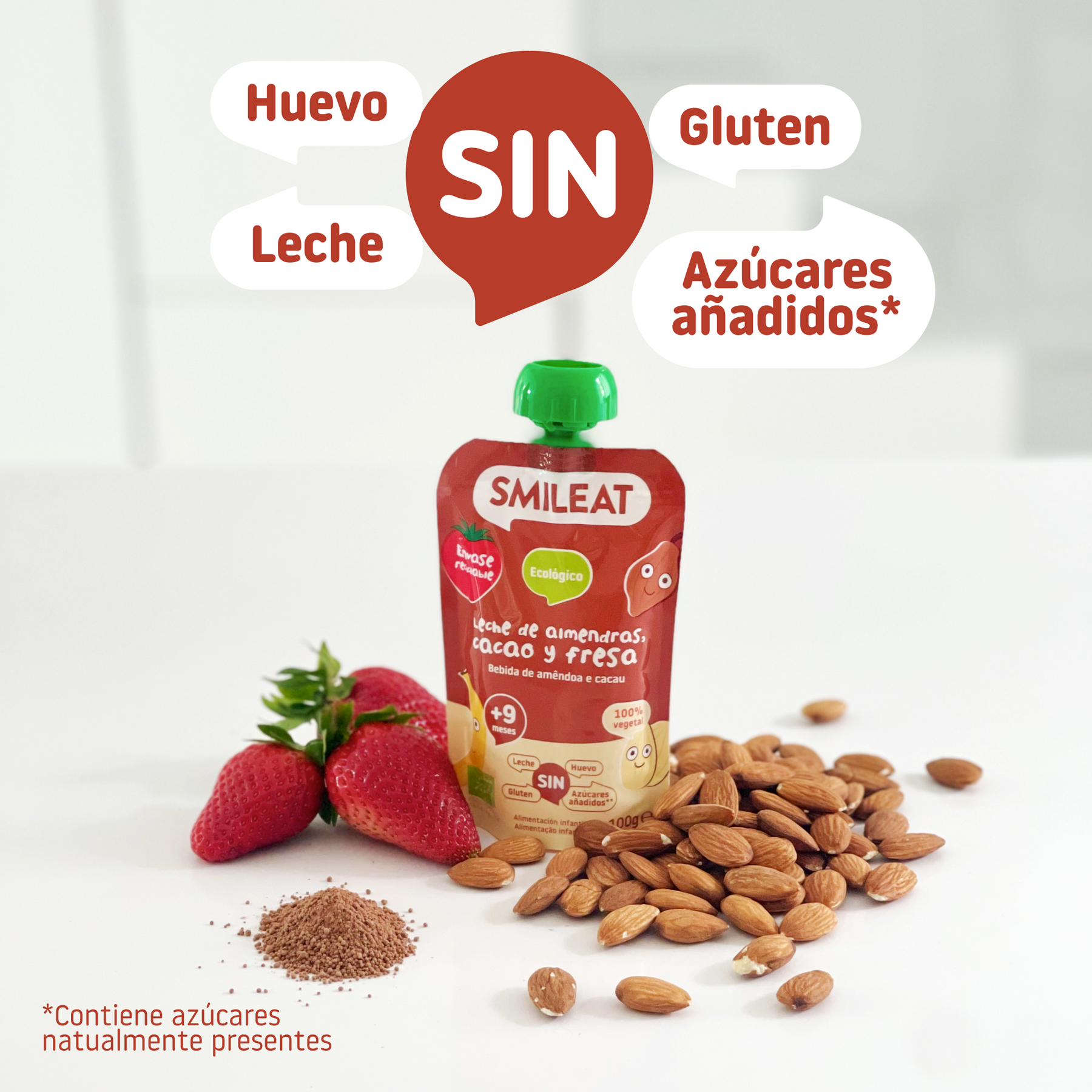 Pouch de leche de almendras, cacao y fresa