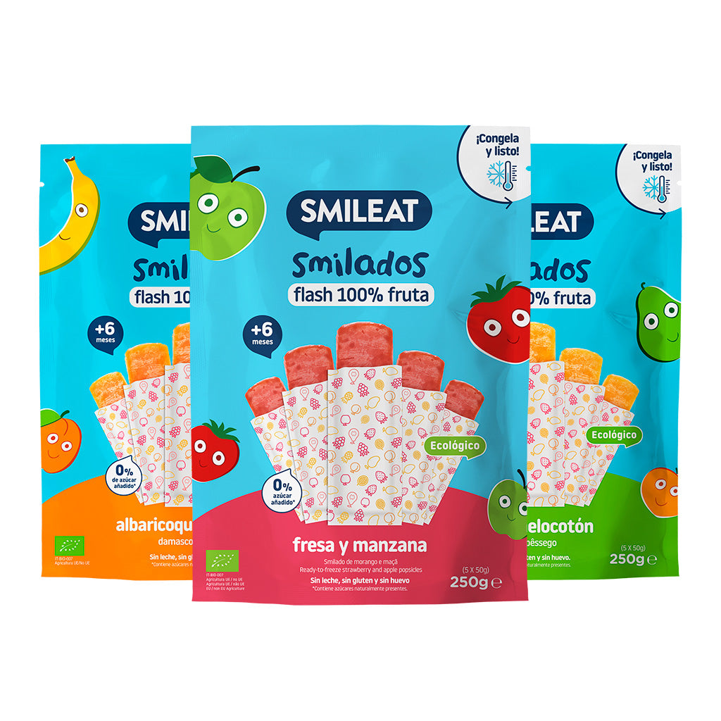 Imagen del pack de Smilados de frutas para bebés con pera, manzana, fresa, albaricoque... ¡el complemento ideal para tus potitos!