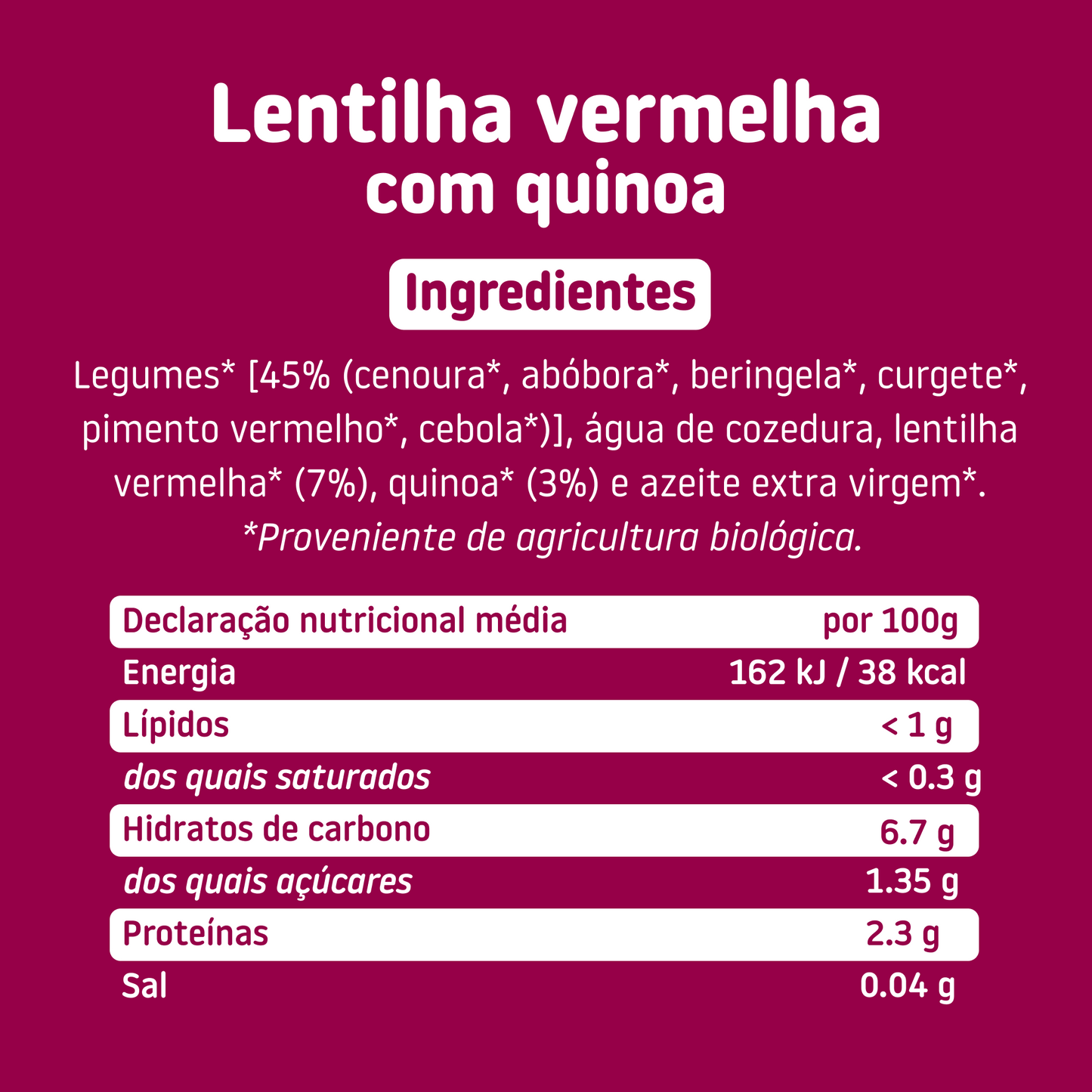Tabela nutricional boião lentilha vermelha com quinoa