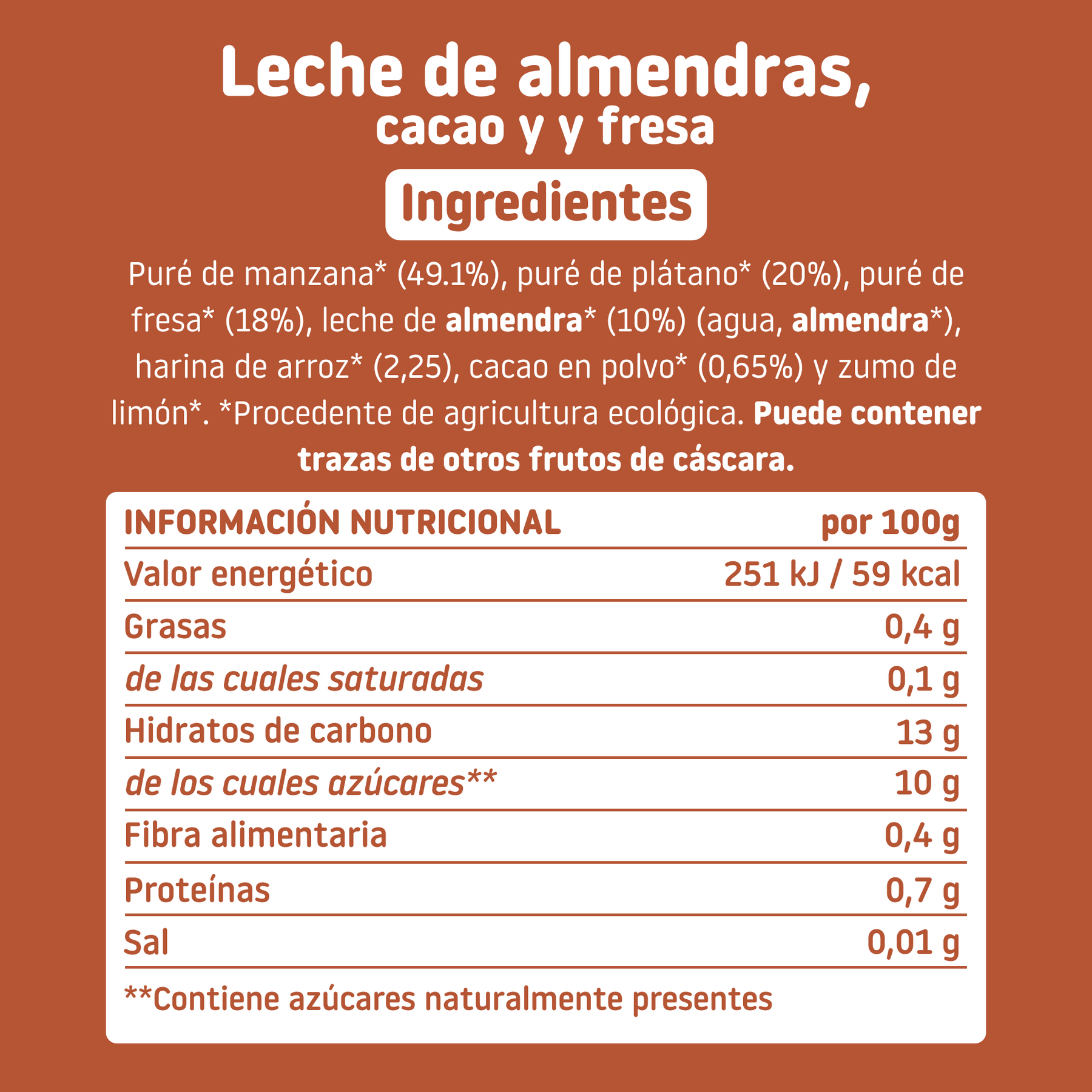 Pouch de leche de almendras, cacao y fresa