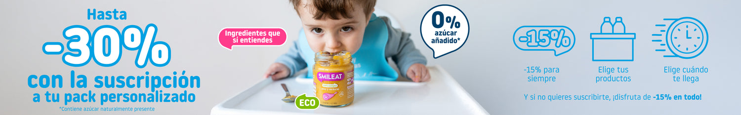 Promoción Smileat: hasta -30% con suscripción a un pack personalizado, 15% de descuento para siempre, productos sin azúcar añadido y entrega flexible.