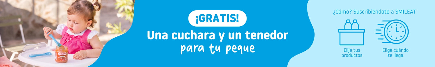 Suscripción SMILEAT con regalo gratis de set de cuchara y tenedor infantil para bebés y niños pequeños.