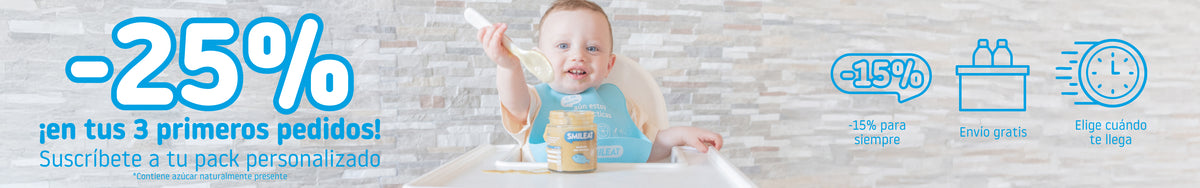 Bebé comiendo un tarrito Smileat. Suscríbete a tu pack personalizado y consigue un 25% de descuento en tus 3 primeros pedidos y un 15% para siempre.