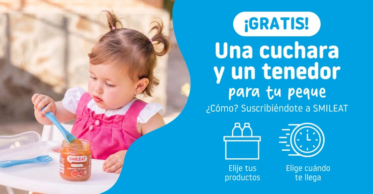 Regalo de set de cuchara y tenedor infantil con la suscripción SMILEAT para elegir productos favoritos y fecha de entrega.