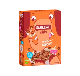 Caja de cereales ecológicos Smileat Kids de cacao, elaborados con avena y sin edulcorantes artificiales.
