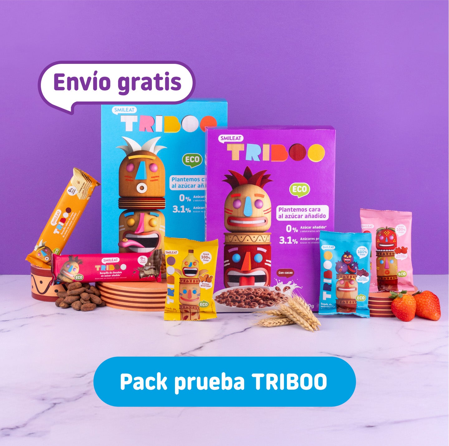 Pack de prueba para smileat kids con los productos barquillos, snacks de frutas y cereales como merienda o snack sin azúcares añadidos
