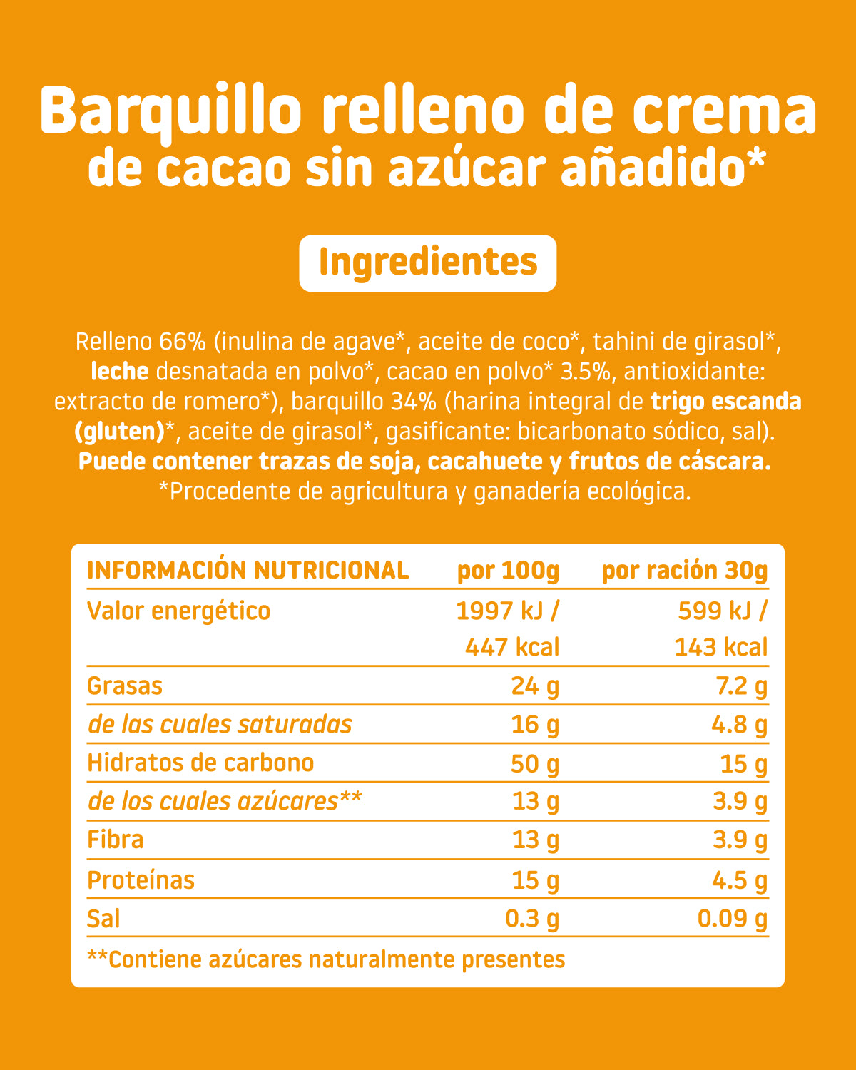 Nutrition facts and ingredients for a wafer filled with unsweetened cocoa cream