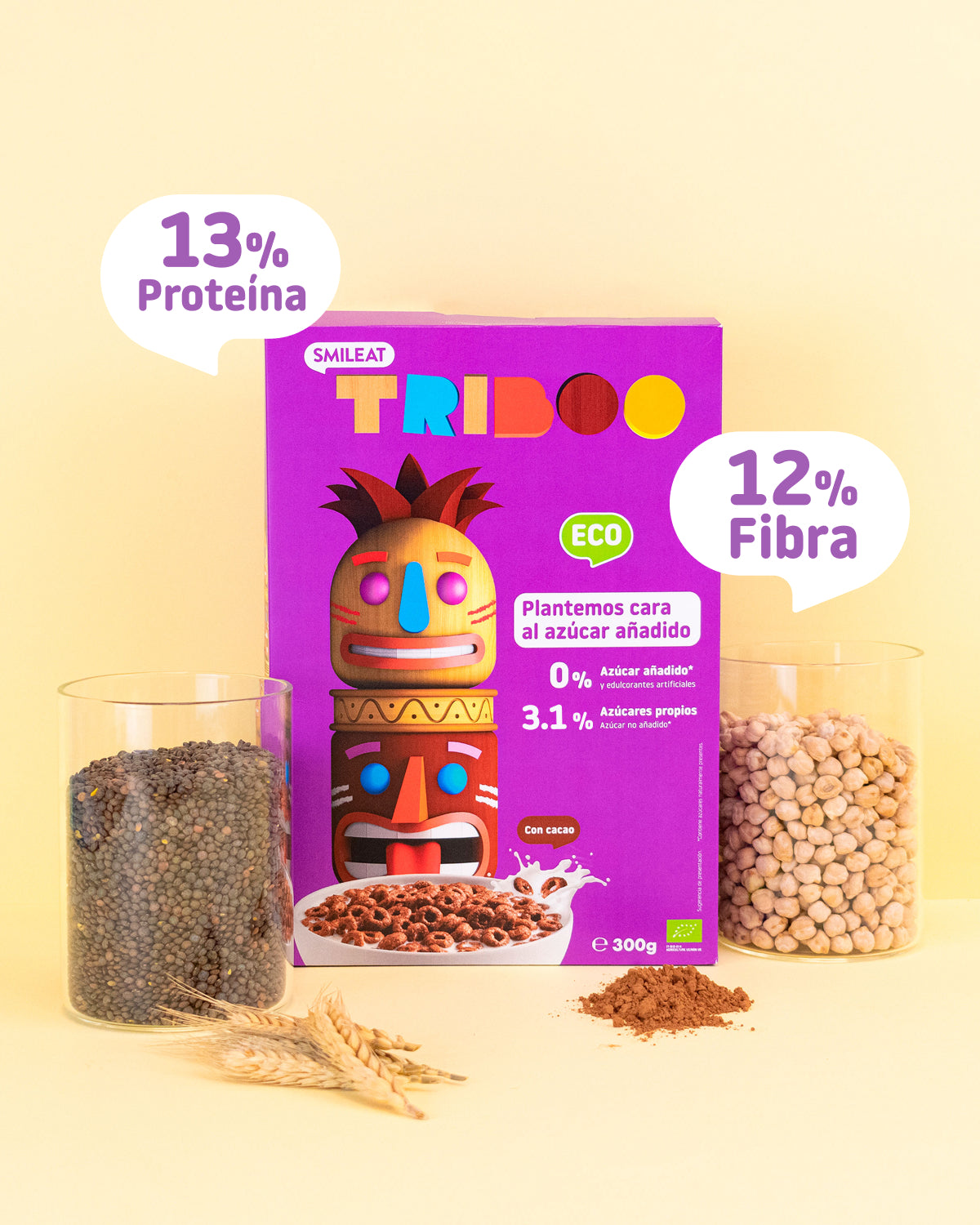 Cereales ecológicos con cacao con 13% proteína y 12% fibra