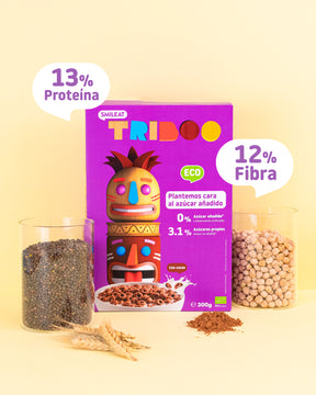 Cereales ecológicos con cacao con 13% proteína y 12% fibra