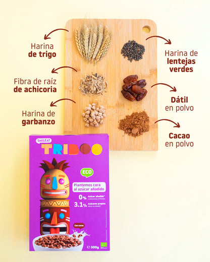 Cereales con cacao con harina de trigo, harina de lentejas verdes, fibra de raíz de archicoria, dátil en polvo, harina de garbanzo, cacao en polvo