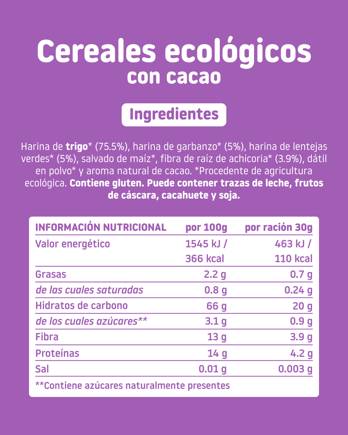 Nutrition Facts and Ingredients for Organic Cereal with Cocoa