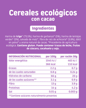 Tabla nutricional e ingredientes de cereales ecoógicos con cacao