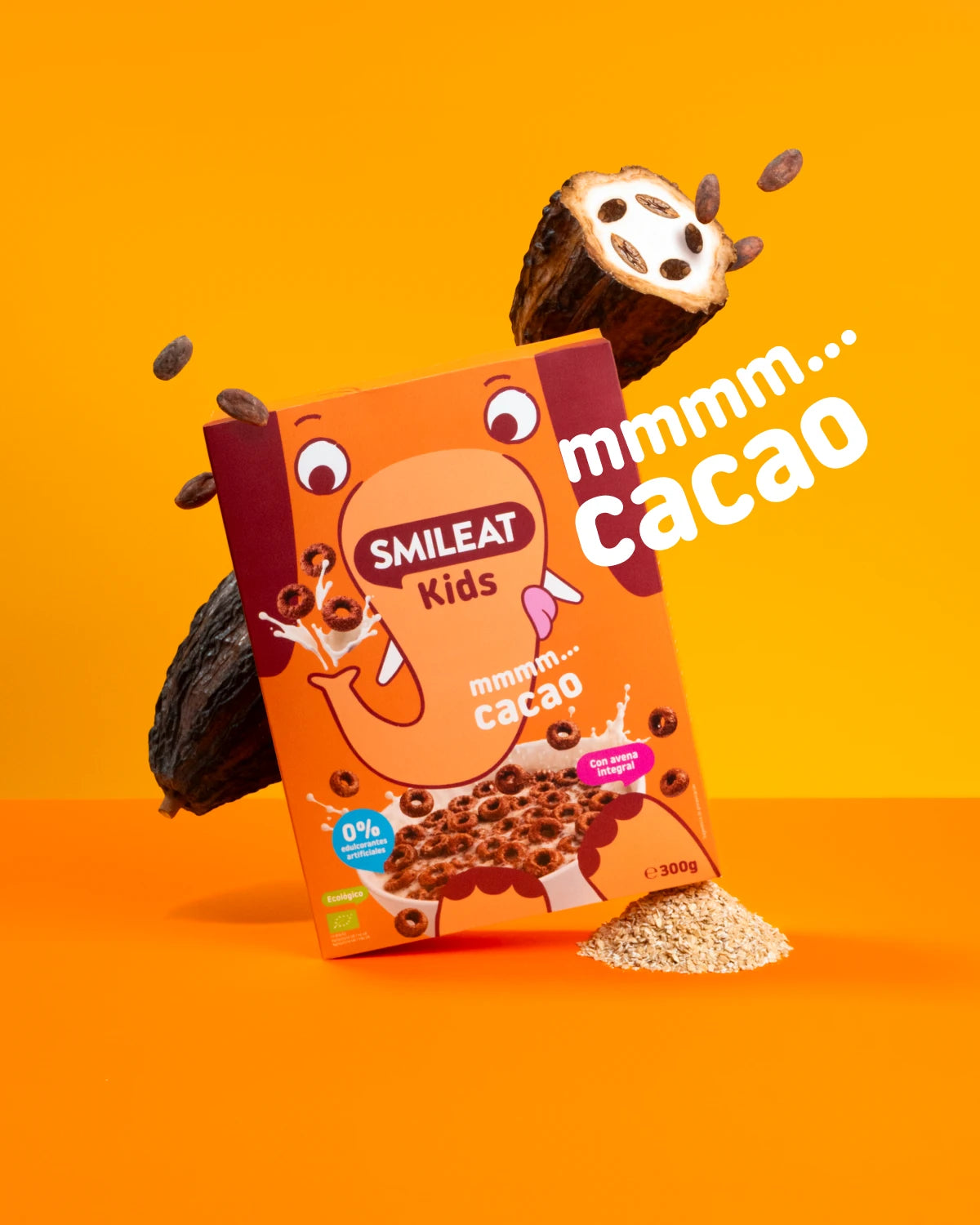 Cereales de cacao Smileat Kids con 11% de proteína, avena integral y alto contenido en fibra.