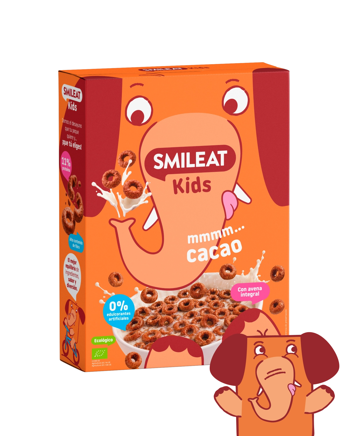 Cereales de cacao Smileat Kids con 11% de proteína, avena integral y alto contenido en fibra.
