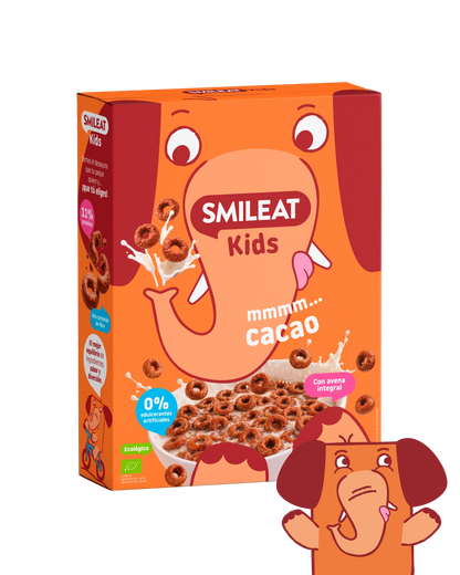 Cereales de cacao Smileat Kids con 11% de proteína, avena integral y alto contenido en fibra.