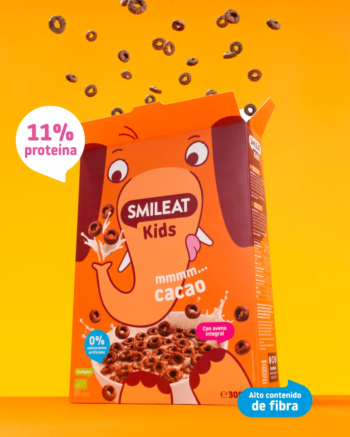 Cereales de cacao Smileat Kids con 11% de proteína, avena integral y alto contenido en fibra.