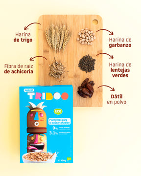 Cereales de desayuno con harina de trigo, harina de garbanzo, fibra de raíz de achicoria, harina de lentejas verdes, datil en polvo