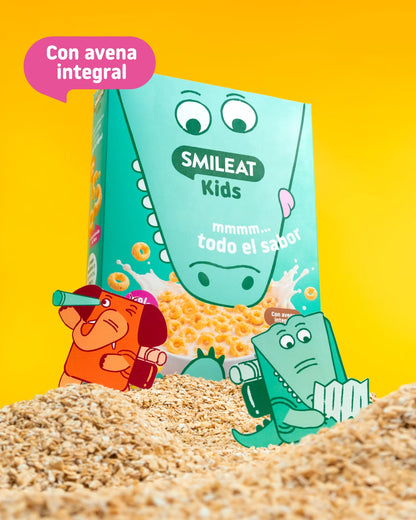 Cereales naturales Smileat Kids con avena integral, alto contenido en fibra y 0% edulcorantes artificiales.