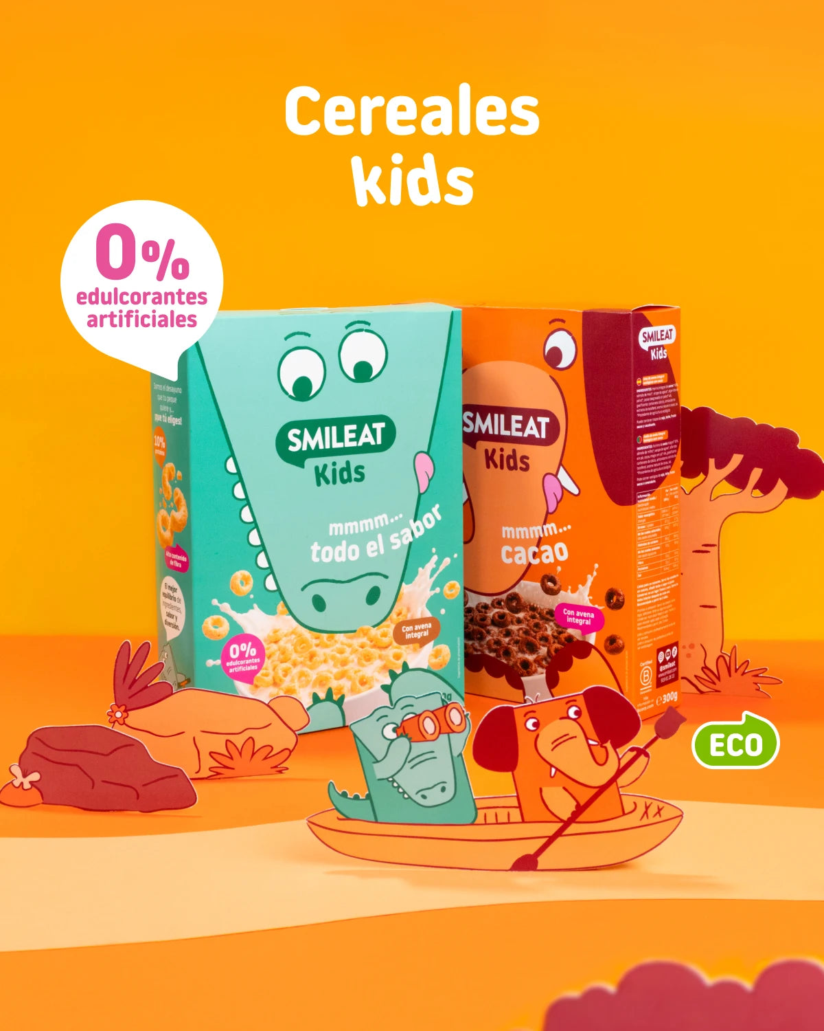 Cereales Smileat Kids naturales y de cacao, ecológicos y con 0% edulcorantes artificiales.