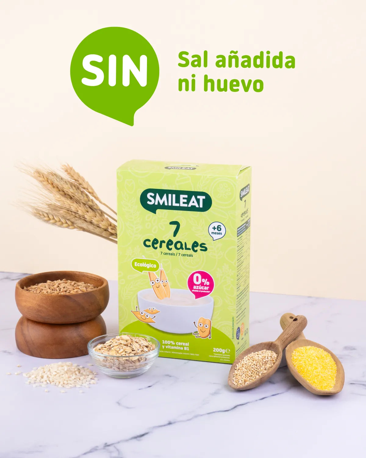 Papilla de 7 cereales SMILEAT para bebes a partir de 6 meses sin sal añadida ni huevo