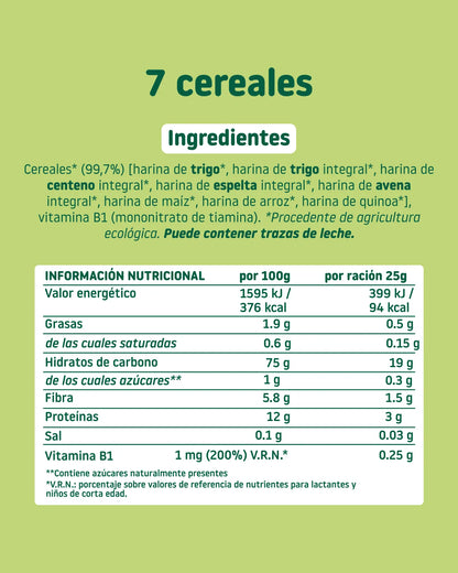 Ingredientes y valores nutricionales de la papilla 7 cereales SMILEAT  con 99% de cereales