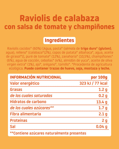 Ingredientes y valores nutricionales platito de raviolis de calabaza con salsa de tomate y champiñones