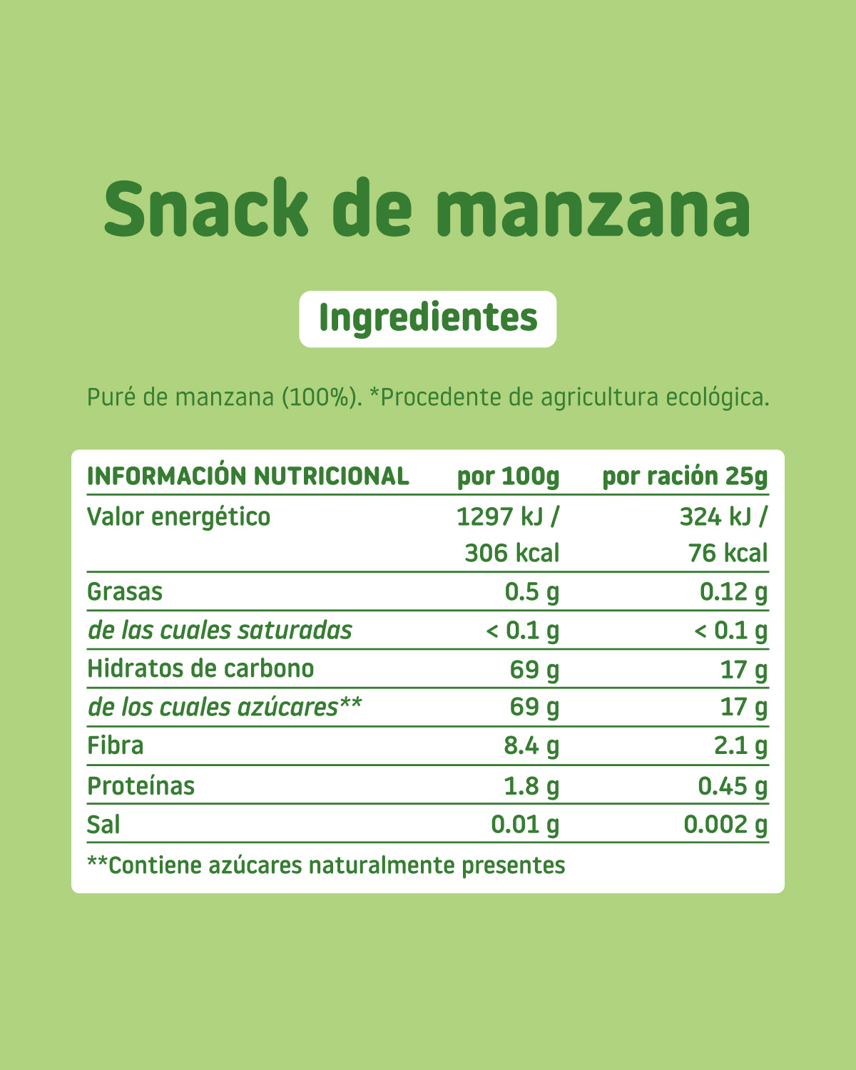 Nutrition facts and ingredients for organic apple snacks