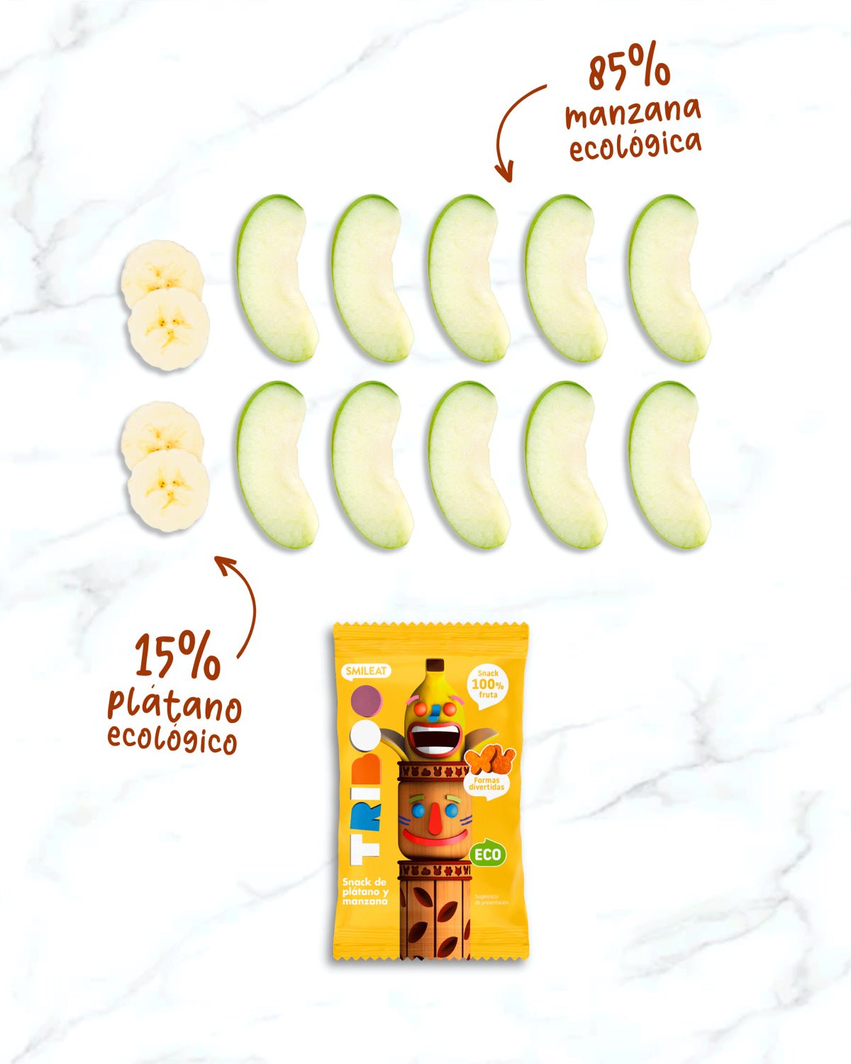 Ingredientes del snack frutas con  con manzana y plátano ecológico
