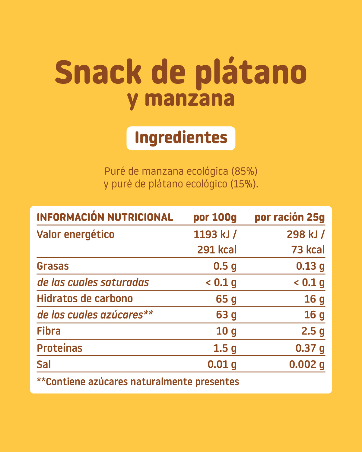 Nutrition facts label for the banana and apple snack