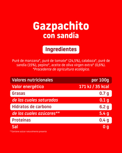 Valores nutricionales e ingredientes de tarrito de gazpacho con sandía para bebes a partir de 6 meses