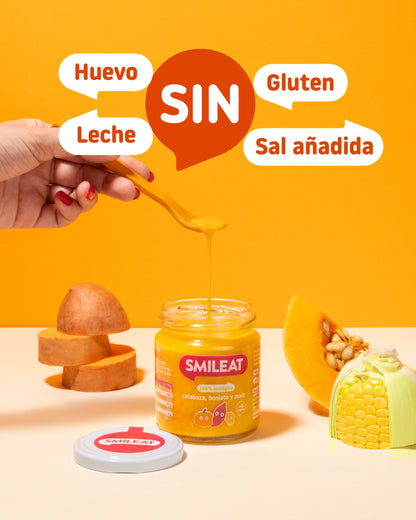 Tarrito ecológico de calabaza, boniato y maíz sin gluten, sin sal añadida, sin huevo y sin leche