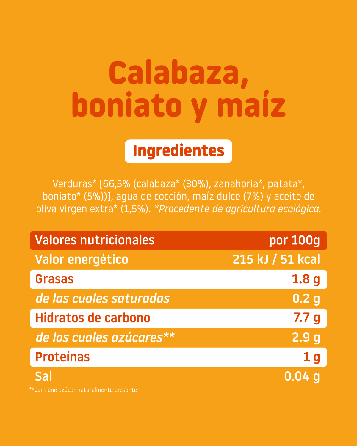 Ingredientres y valores nutricionales tarrito 100% ecológico de calabaza, boniato y maíz