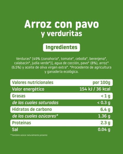 Valores nutricionales  e ingredientes del tarrito de arroz con pavo y verduritas
