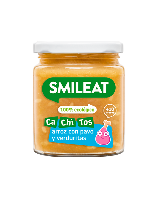 Tarrito 100% ecológico SMILEAT para bebes a partir de 10 meses de arroz con pavo y verduras