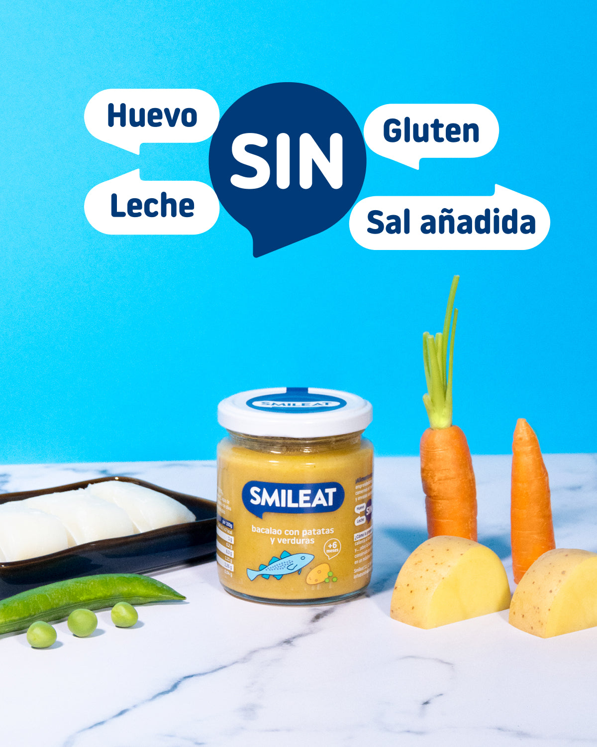 Tarrito ecológico Smileat de bacalao con verduras con ingredientes reales para bebé y receta pensada para alimentación complementaria