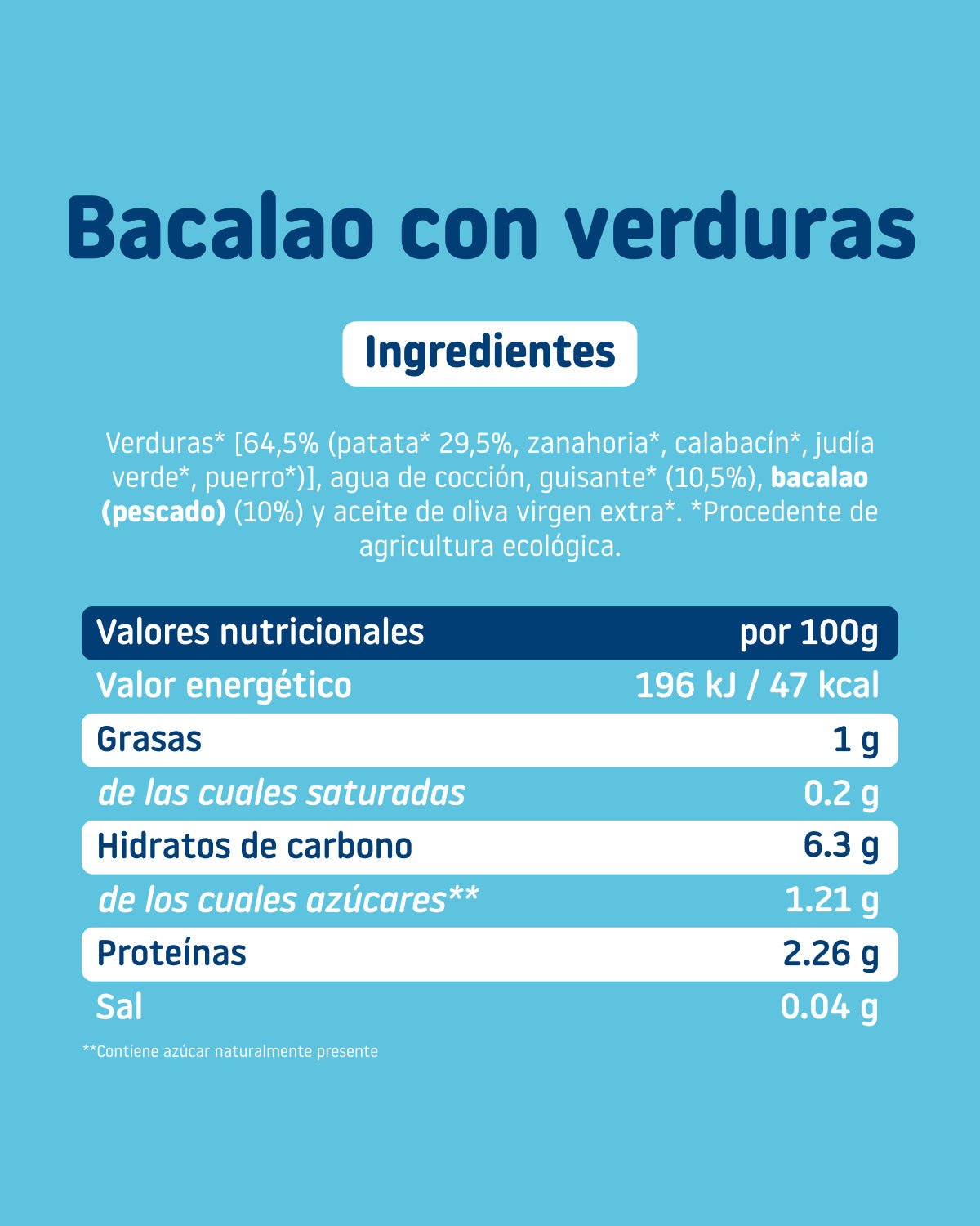 Ingredients and nutritional information for the Smileat organic jar of cod with vegetables for babies 6 months and older