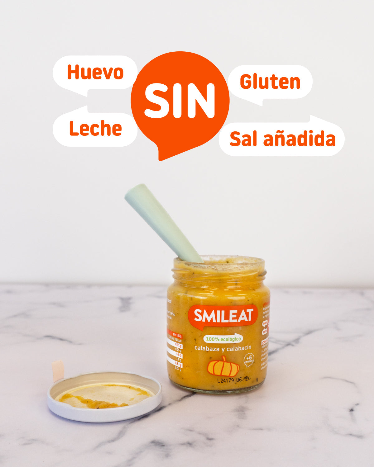 Tarrito ecológico Smileat de calabaza y calabacín con ingredientes reales para bebé y receta pensada para alimentación complementaria