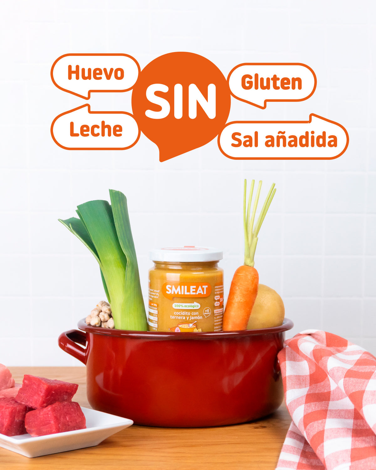 Tarrito ecológico Smileat de cocidito con ternera y jamón con ingredientes reales para bebé y receta pensada para alimentación complementaria