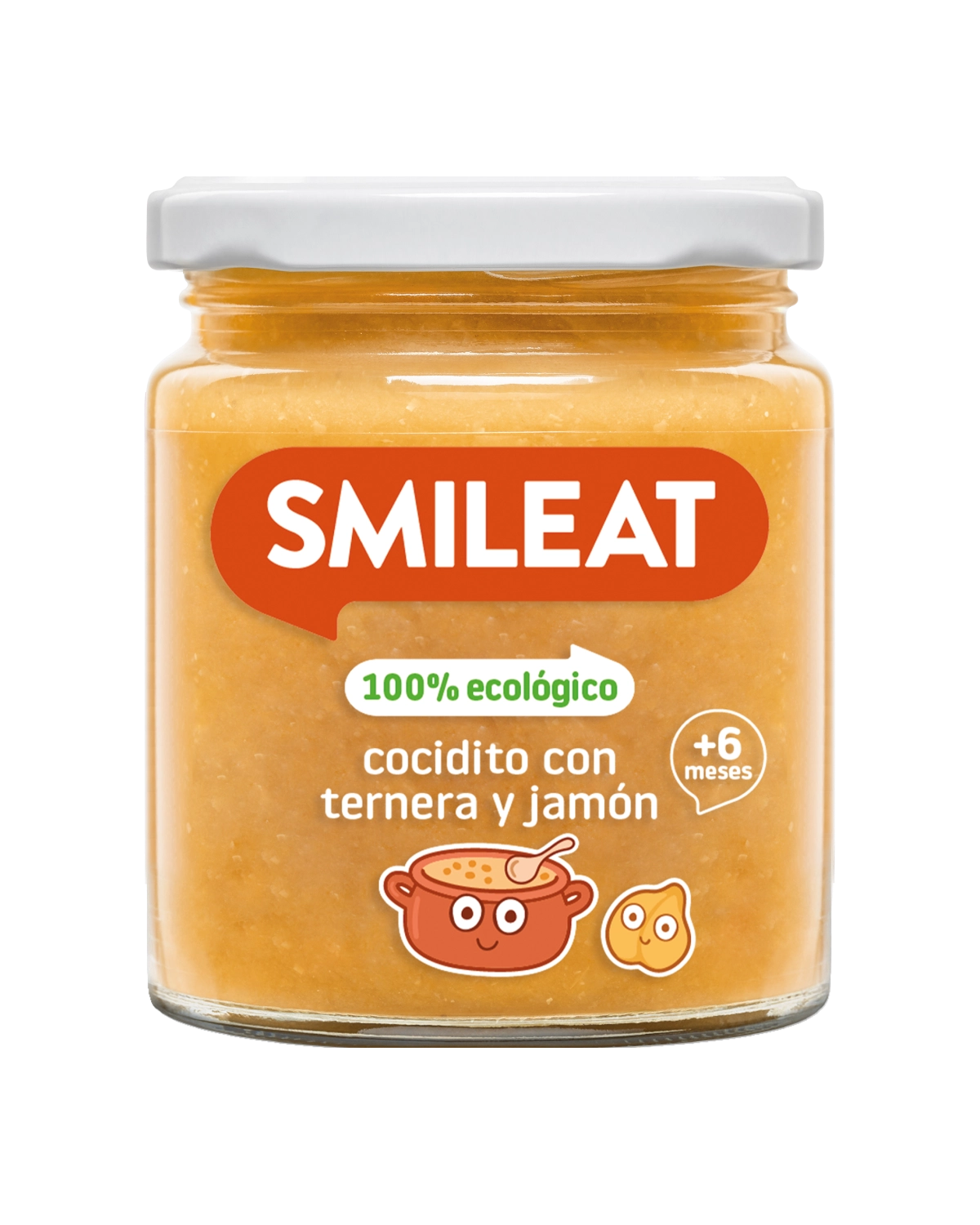 Tarrito ecológico SMILEAT de cocidito con ternera y jamón para bebés a partir de 6 meses.