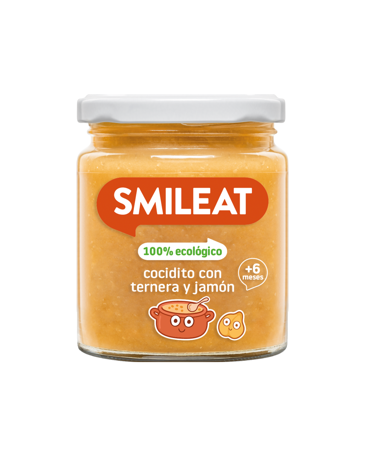 Tarrito ecológico SMILEAT de cocidito con ternera y jamón para bebés a partir de 6 meses.