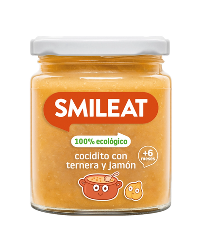 Tarrito ecológico SMILEAT de cocidito con ternera y jamón para bebés a partir de 6 meses.