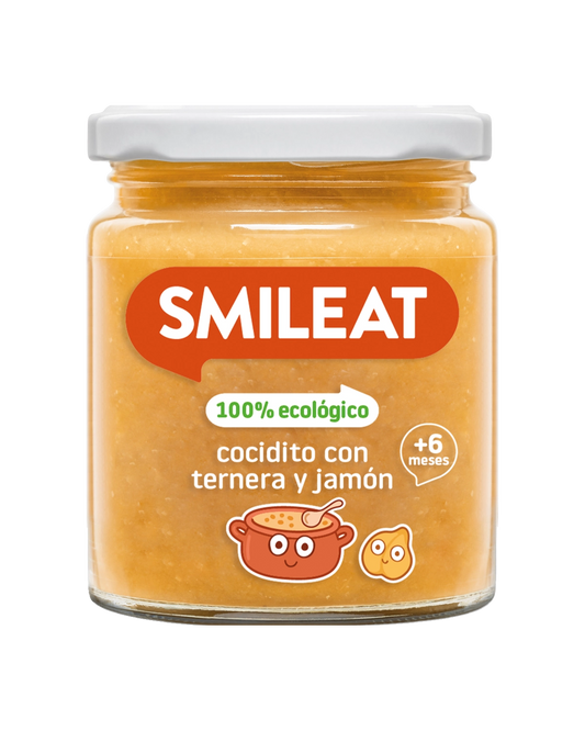 Tarrito ecológico SMILEAT de cocidito con ternera y jamón para bebés a partir de 6 meses.